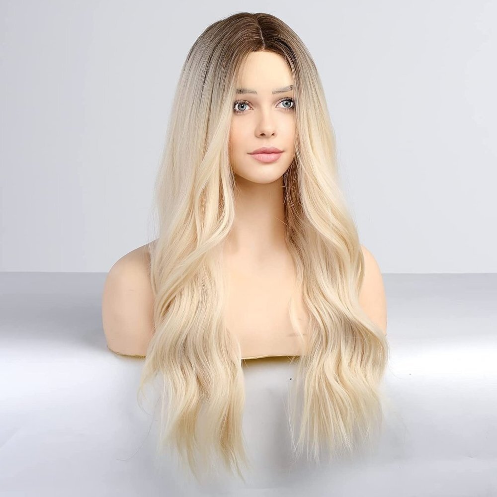 Platinum Blonde Brown Roots Wig